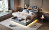 Upholstered Bed 140x200 cm, Hydraulic Floating Bed Frame with Storage, USB Socket and LED Light, Reversible Headboard, Linen Grey