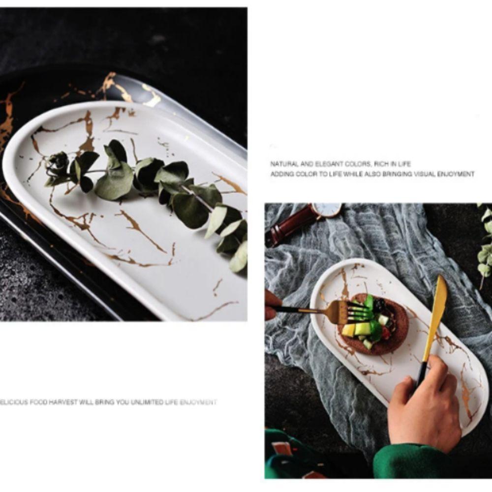 Мраморная текстура Скандинавский мраморный поднос Фарфоровый материал Глазурованный Золотой узор Западное блюдо Овальная форма Роскошный дизайн