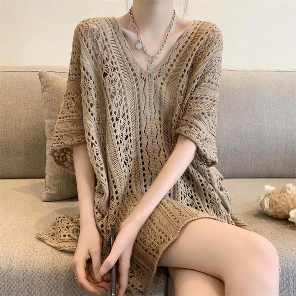 Tops Summer Summer Sweater Knit Short Sleeve Openwork Summer Clothes Summer Knit Rib Knit Short Sleeve Pretty Long Sleeve Knit Cardigan Outerwear