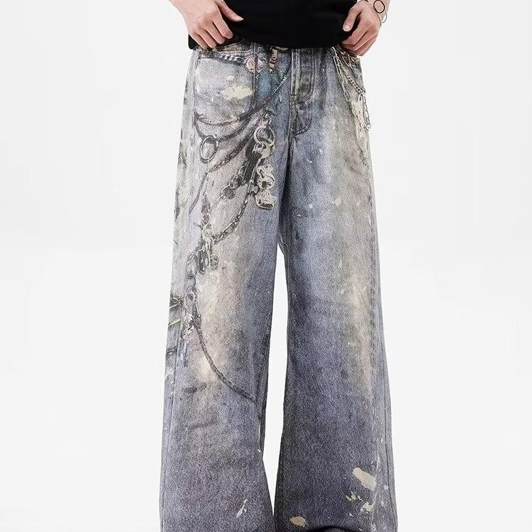Printed Baggy Jeans Men Women Casual Baggy Straight Denim Pants High Street Wide Leg Y2K Blue Jean