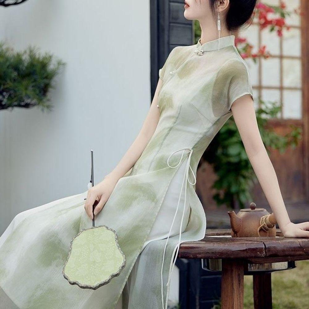 Chinese Style Modified Cheongsam Suspender Blouse Dress Suit