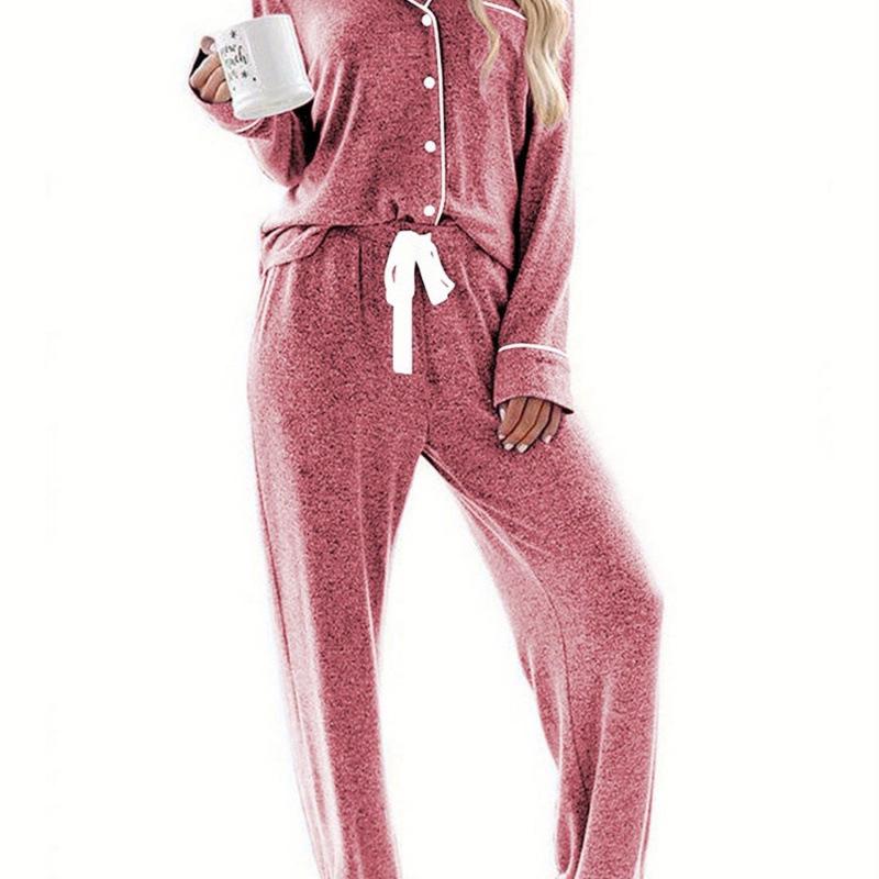 Женская пижамная рубашка с длинным рукавом - Повседневная на пуговицах