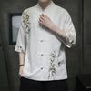 Льняная рубашка мужская с короткими рукавами в китайском стиле с дисковыми пуговицами, летняя рубашка в китайском стиле из хлопка и льна с рукавами-пятью