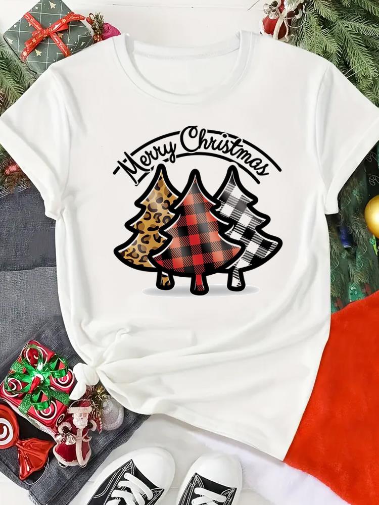 (Asian Size) Print Merry Christmas O-neck Women's Top New Year T Clothing Lovely Cute 90s Short Sleeve T-shirts Fashion Holiday Graphic Tee