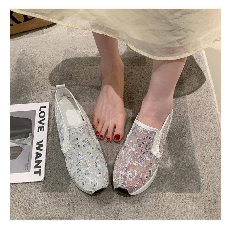 Женские одиночные туфли с приподнятой внутренней частью, весенне-летняя корейская версия, повседневная женская обувь с кружевной сеткой и пайетками, на толстой подошве