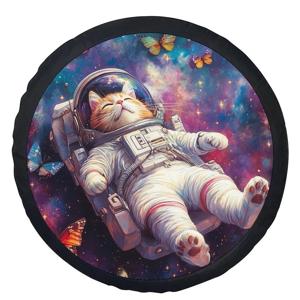 One Piece Of A Space-Themed Cat Tire Cover Adorned With Butterflies, A Stylish Universal Wheel Protector Suitable For Most Vehic