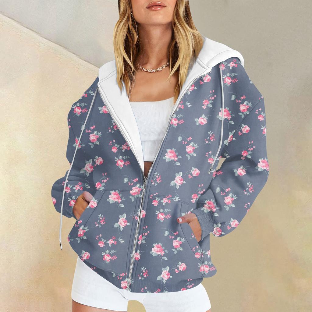 Женская мода повседневная спортивная одежда с цветочным принтом на осень и зиму с длинными рукавами и карманами, куртка-кардиган с капюшоном на молнии, куртка