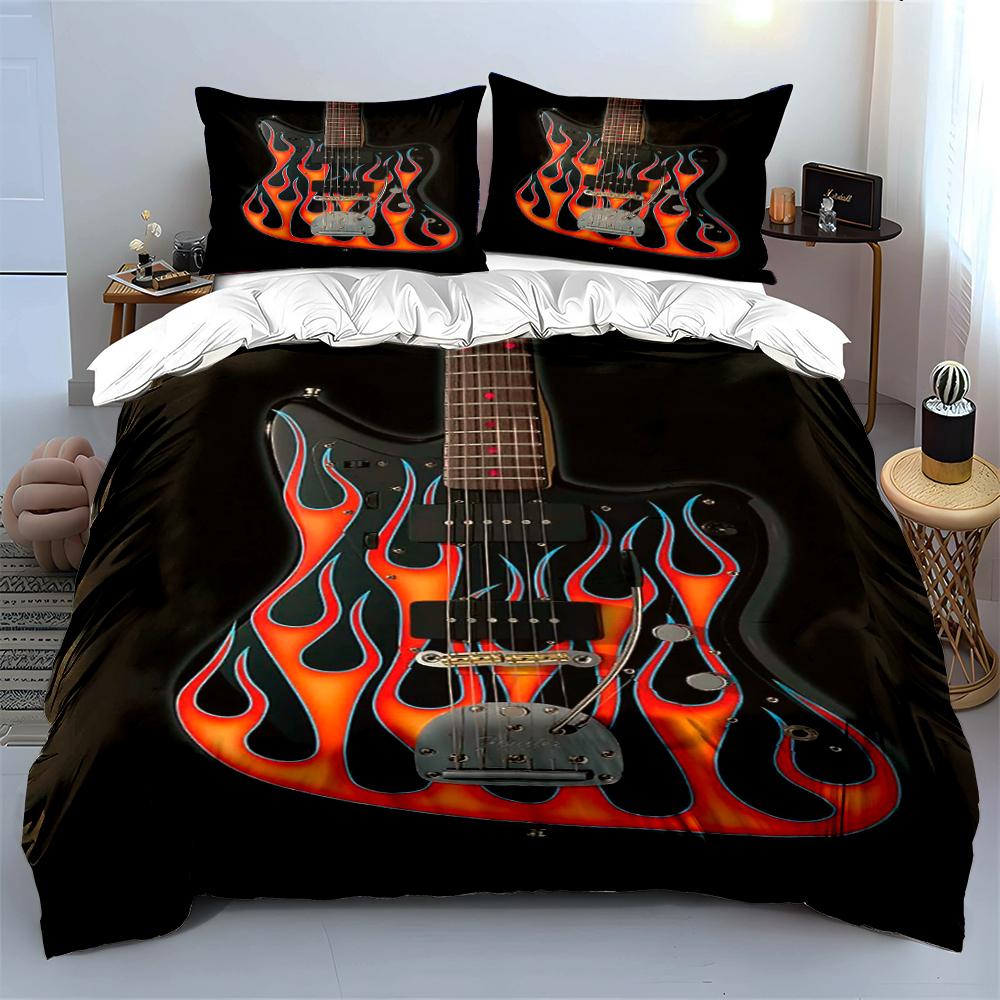 Guitar with Flame Print Bedding Set Bedding set (1 duvet cover, 2 pillowcases, duvet not included)