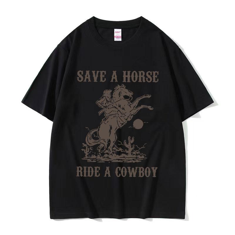Peter Anor Save A Horse Ride A Cowboy Men's Pattern Print T-shirt Harajuku Retro Casual T-shirt 100% Pure Cotton Short Sleeve