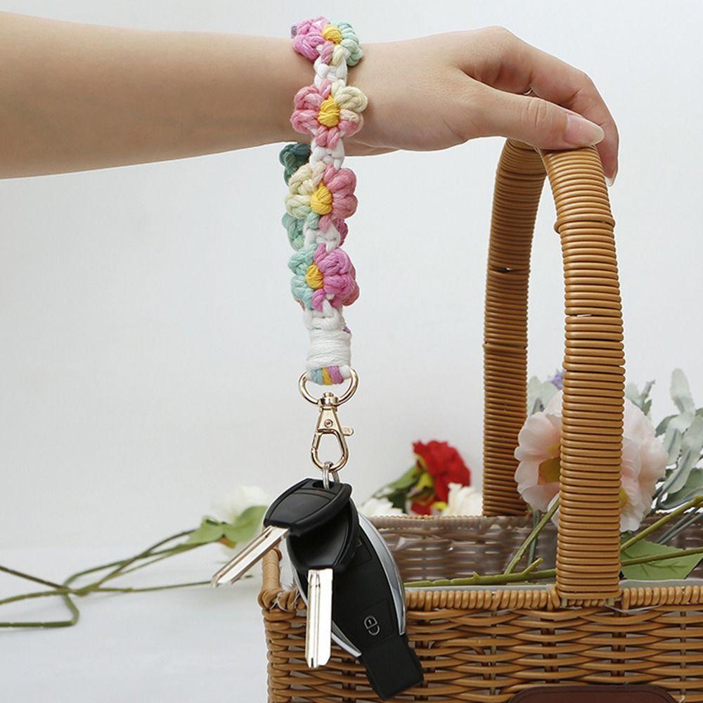 Gift Daisy Lanyard Wristlet Keychain Boho Floral Flower Macrame Key Fob Strap