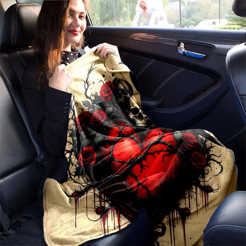 1pc Gothic Heart with Ravens Skulls and Red Roses Blanket Soft Throw for Home Decor, Gift Idea, Living Room, Travel, Camping, Car Blankets