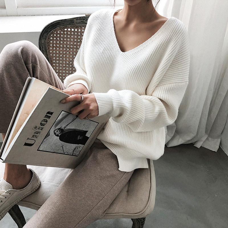 Свитер с v-образным вырезом, свободный простой пуловер с неровным краем, вязаный топ для женщин