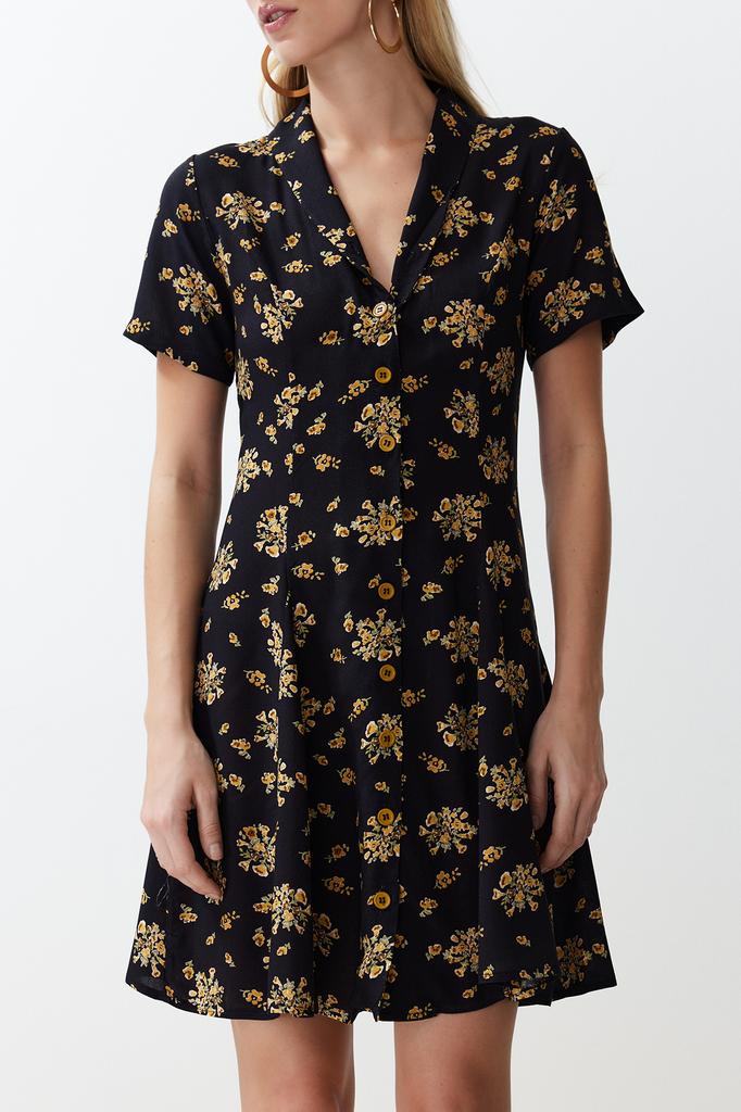 Женское платье, новый сезон, модное черное тканое мини-платье-рубашка с цветочным узором