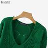 ZANZEA Осенние женские пуловеры с V-образным вырезом, длинными рукавами и ажурной вязкой