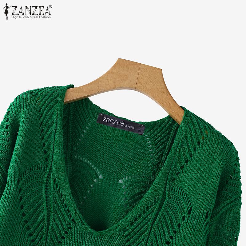 ZANZEA Осенние женские пуловеры с V-образным вырезом, длинными рукавами и ажурной вязкой