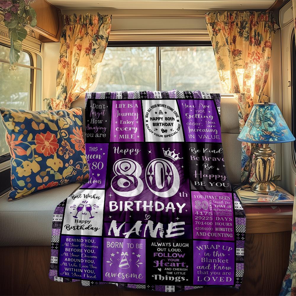 Birthday Wishes 80Th Birthday Gift Rv Customize Your Name Blanket Soft Cozy Lightweight For Travel Camping Picnic Sofa Bedroom Living Room Suitable