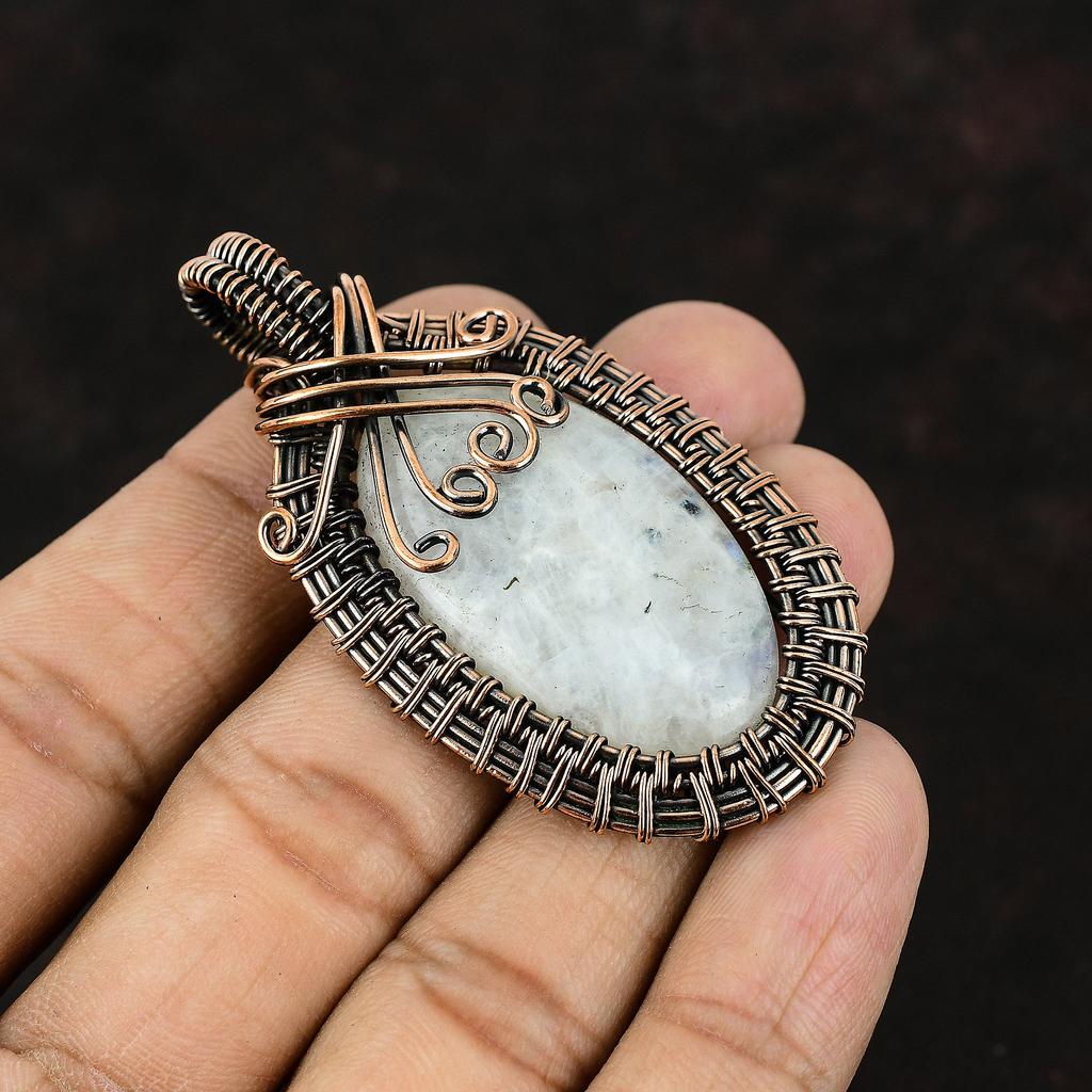 Подвеска из лунного камня, медная проволочная обертка, медные украшения, радужные украшения из лунного камня, подвеска ручной работы из драгоценного камня, проволочная подвеска, подарок для нее