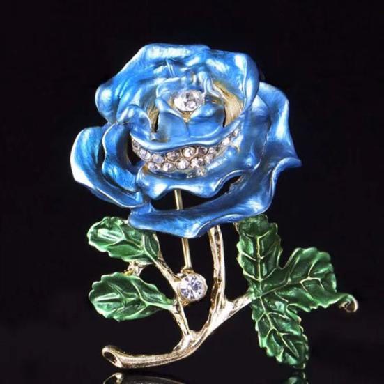 Rose Flower Brooch Green Leaves Rhinestone Oil-Dripping Vintage Sparkling Gift Elegant Business Suit