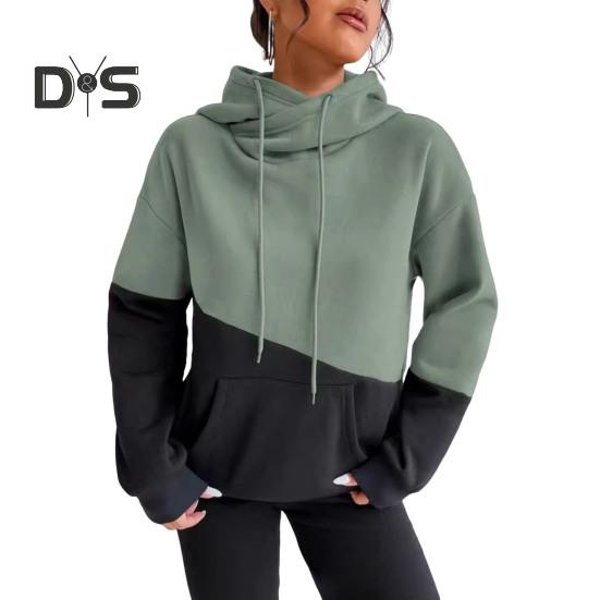 Женская толстовка с капюшоном на осень-зиму с цветными блоками, завязками на шнурке, длинными рукавами, эластичными манжетами и подолом, большим карманом, плотный спортивный топ для фитнеса