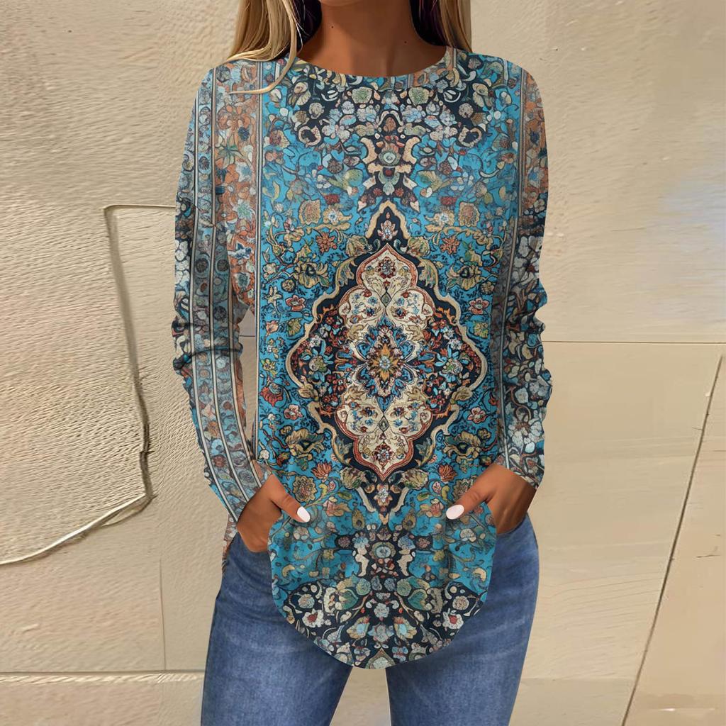 Рубашки для женщин Милые винтажные узоры с принтом Футболка с длинным рукавом Туника Топы Хлопковые пуловеры