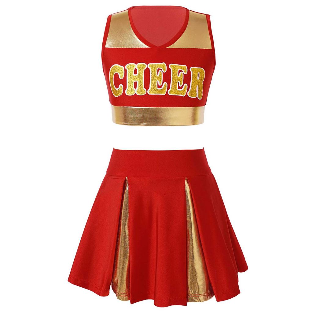 Kids Girls Cheerleading Costume Cheerleader Uniform Sleeveless V Neckline Letter Print Crop Top with Elastic Waistband Skirt