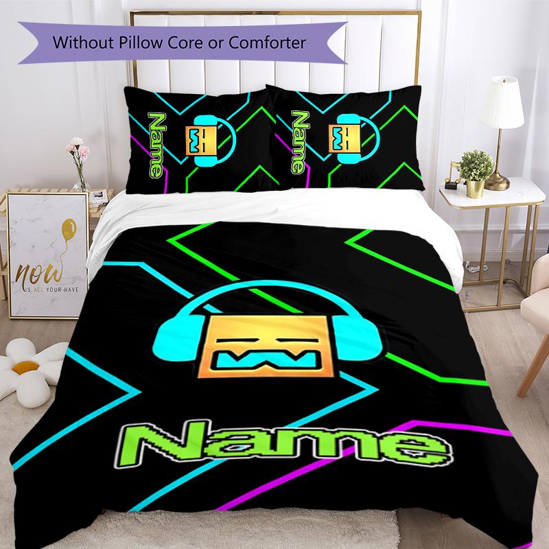 3pcs Custom Name Geometry Dash Bedding Set Duvet Cover Closure Includes 1 Duvet Cover & 2 Pillowcases for All Seasons Bedroom Decor