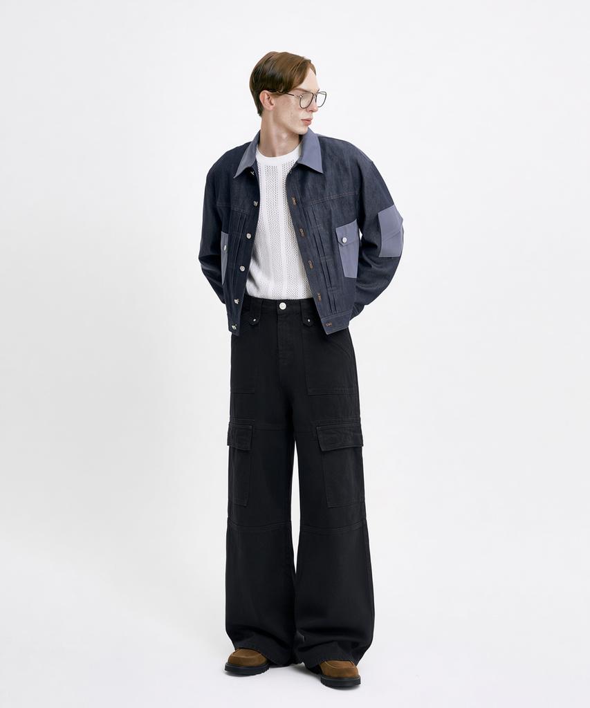 WUNDER GEIST Non-Faded Denim Pleated Faux Leather Suede Contrast Jacket