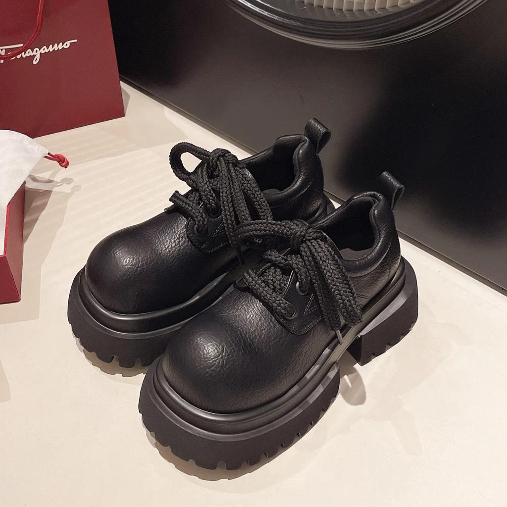 Women's Thick Sole Height Increasing Loafers 2024 Autumn New Fashion Round Toe Lace Up Retro Leather Shoes Japan Casual Shoes