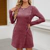 Women Fall Casual Sweater Dresses Solid Color Long Sleeve Knitted Midi Crew Neck Side Button Dress Long Sleeve Dresses For Women