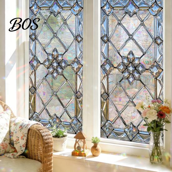 Frosted Window Film Stained Glass Film, Geometric Patterns Clings, Decorative Rainbow Static Electrostatic Cling Sticker, UV Block Heat Control