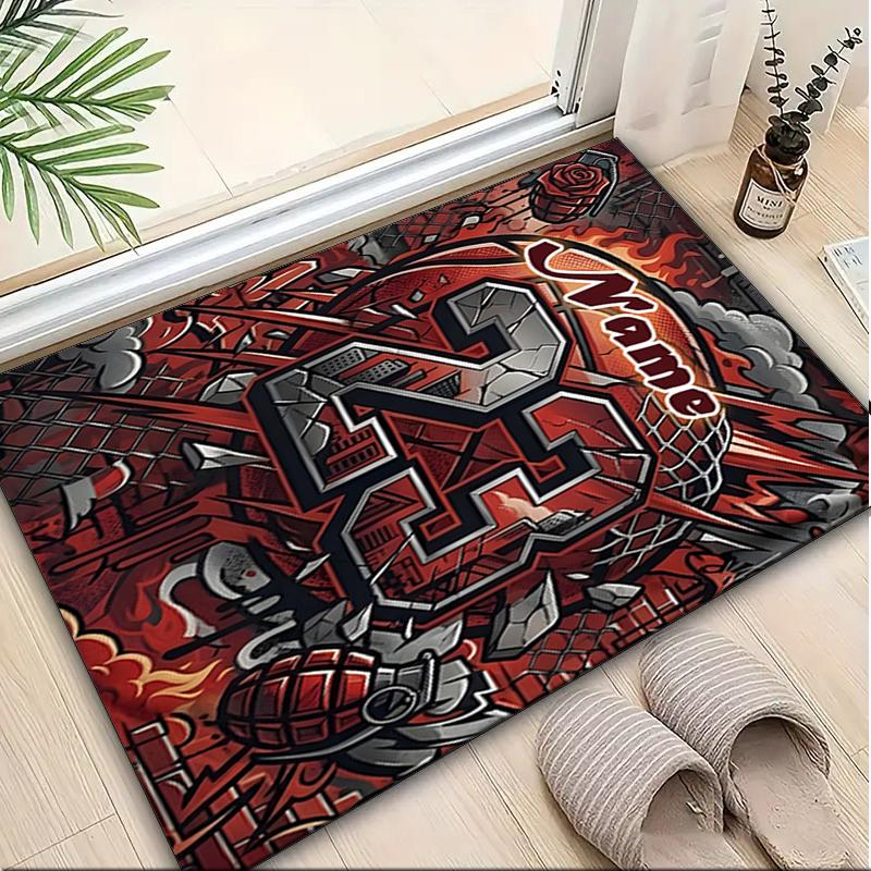 1PC Custom Name Fire Ice Sports Theme Theme Floor Mat Ideal for Living Room, Game Rooms, Office, Bedroom,Floor Mat Playful Design