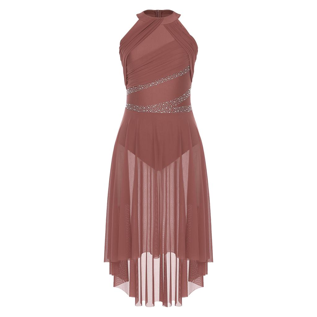 Женское лирическое танцевальное платье без рукавов с асимметричным подолом, сверкающими стразами, присборенным дизайном, платье для выступления