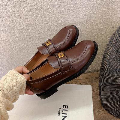 Виноградная мать того же стиля, весенний британский стиль ретро маленькая золотая пряжка круглый носок ленивый человек с одной педалью толстый каблук лоферы кожаные туфли wom