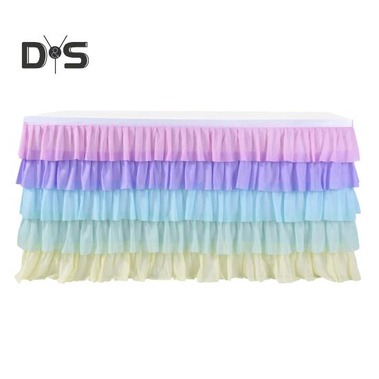 Table Skirt for Rectangle And Round Table Multi-layer Ruffle Reusable Gradient Rainbow Color Beach Parties Ceremony Birthday Party Decoration Table