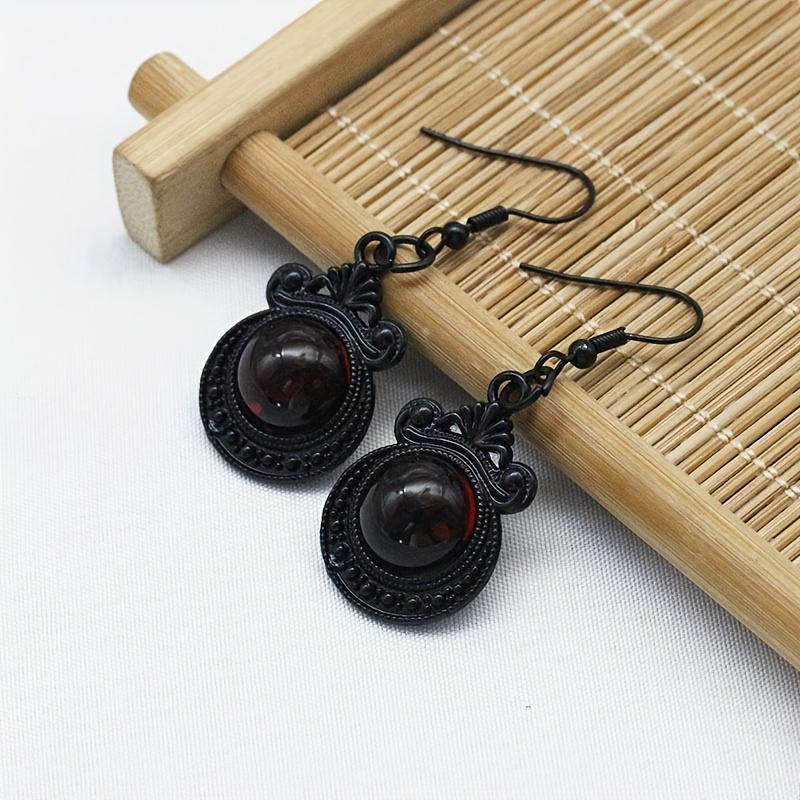Round Ruby Decor Black Dangle Earrings Retro Goth Style Alloy Jewelry Creative Female Gift Daily Casual