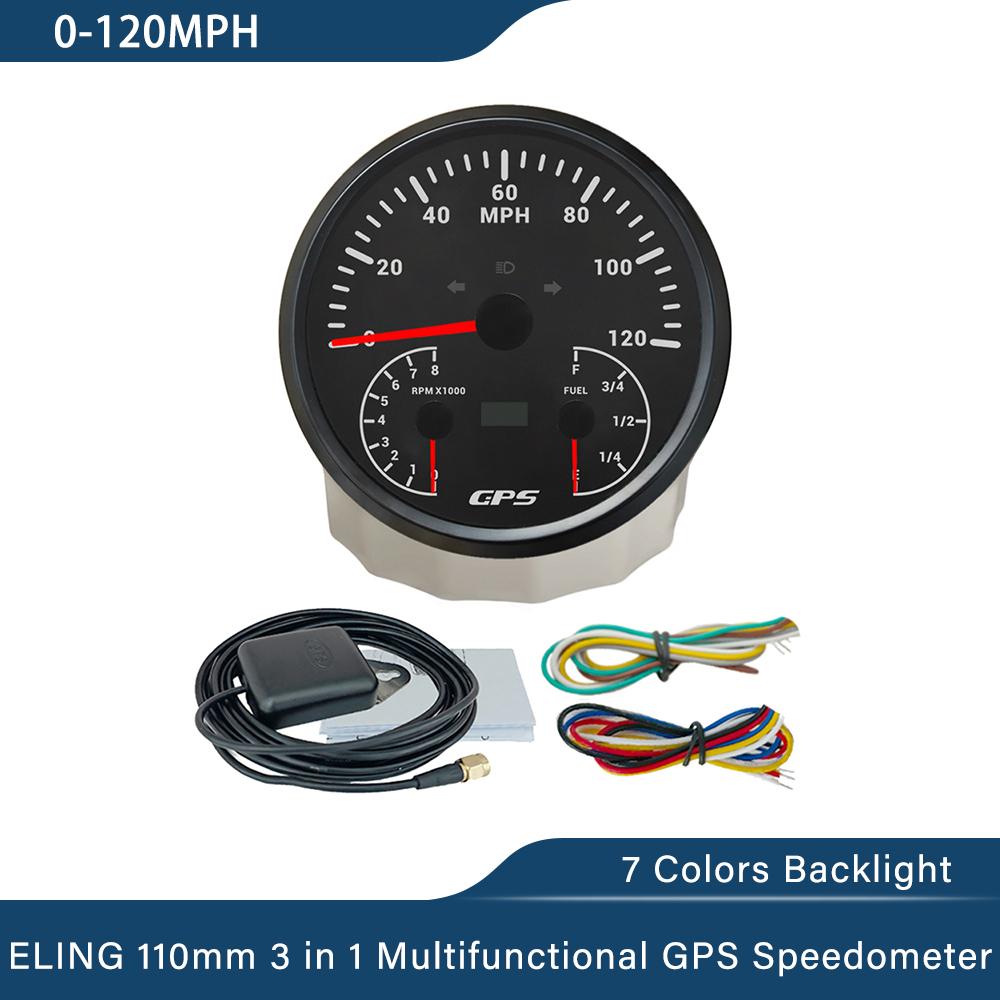 ELING 110mm 3 in 1 Multifunctional 0-120MPH GPS Speedometer with 0-8000RPM Tachometer Fuel Level 7 Colors Backlight for Car Boat