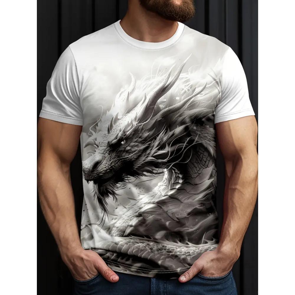 Men‘s T-Shirts 3D Dragon Print Short Sleeve Casual O Neck Pullover Street Outdoor Tops Tee Outdoor Sportshirt Oversized Clothing