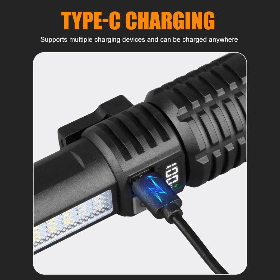Powerful LED Rechargeable Flashlights Tactical Zoom Spotlights COB Floodlight Flashlight with Tail Emergency Safety Hammer Torch