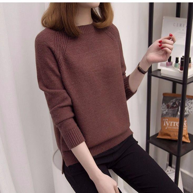 Женский осенне-зимний свитер, женский свободный корейский вариант, однотонный, с длинными рукавами, базовый свитер, пуловер, круглый вырез, вязаный свитер, топ