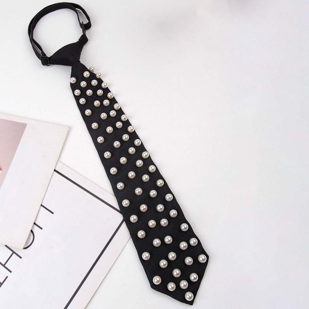 Korean Style Hand-beaded Long Necktie Black Decoration Shirt Tie Pearls Tie Kids