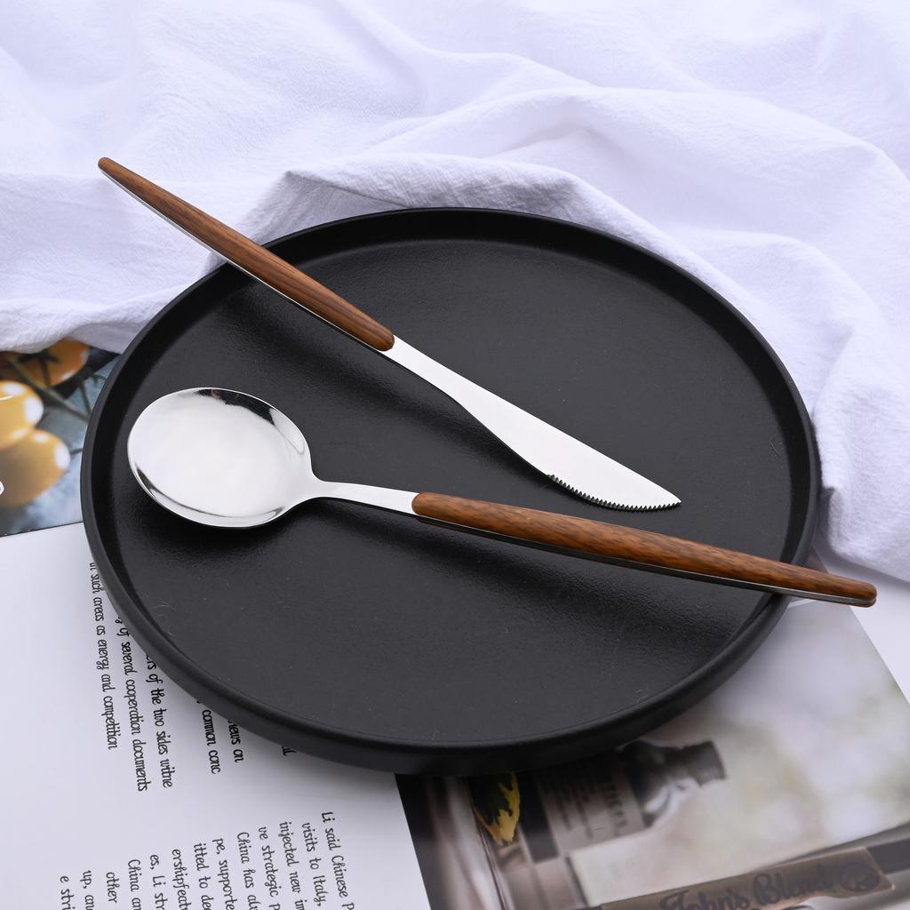 20 шт./5 шт. посуда из нержавеющей стали, нож, вилка, ложка, зеркало, серебристая, золотая, деревянная ручка, посудомоечная машина, кухонные столовые приборы в западном стиле