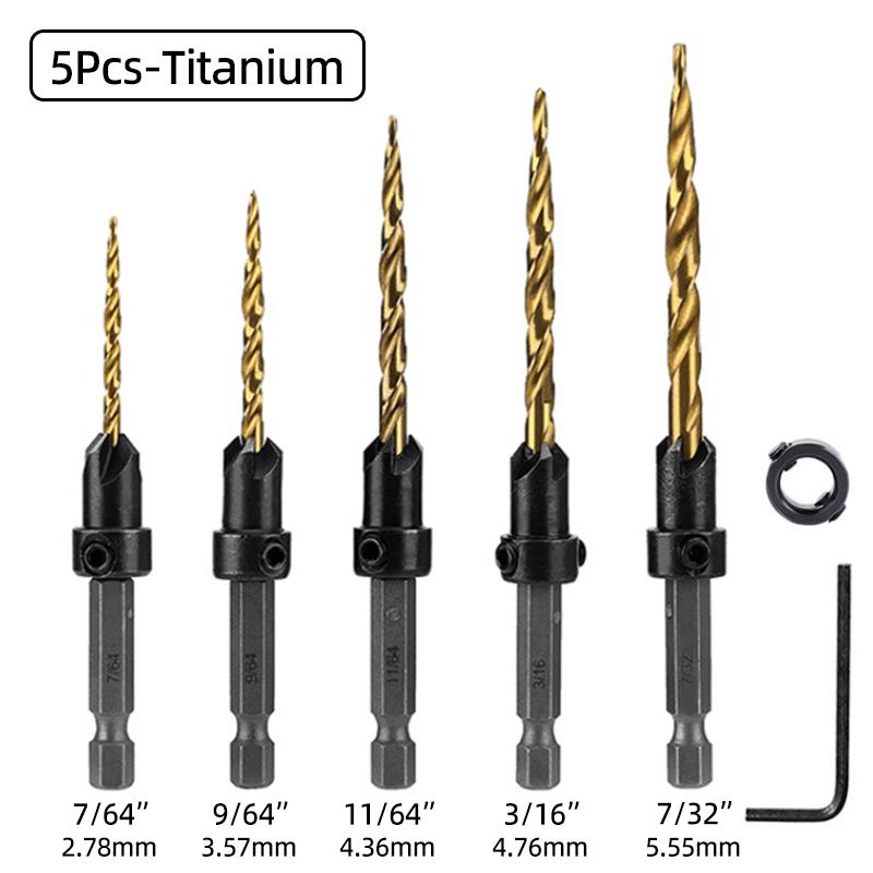 Набор сверл с конической зенковкой из быстрорежущей стали, набор сверл с шестигранным хвостовиком 1/4 дюйма, столярная развертка с шестигранным хвостовиком, стопорные втулки, сверло для винтовых отверстий, фаска, деревообрабатывающие инструменты