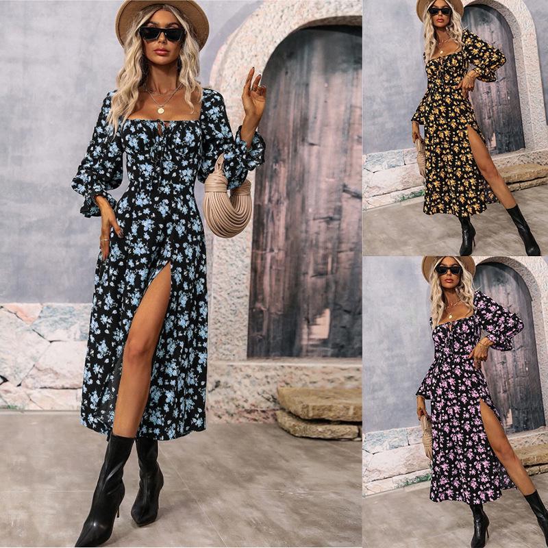 2025 Spring & Autumn European-American Bohemian Backless Print Long Sleeve Dress