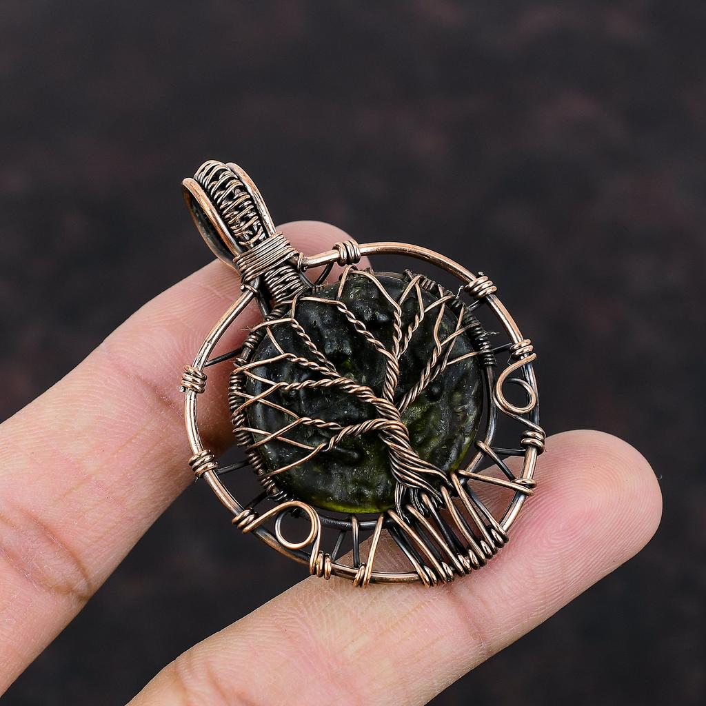 Кулон из молдавита «Дерево жизни», обернутый медной проволокой, уникальный кулон из драгоценных камней «Дерево жизни», ювелирное изделие ручной работы из меди, подарок для нее
