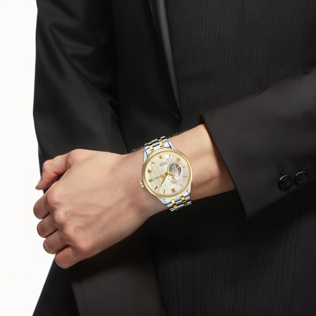 Seiko Водонепроницаемые часы для повседневной жизни Автоматический Ручной Механический Механизм Нержавеющая Сталь Мужские часы Золотой SARY238