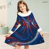 Girls Furry High Neck Long Sleeve Bow Waist Printed Red Blue White Star A Line Flared Dress