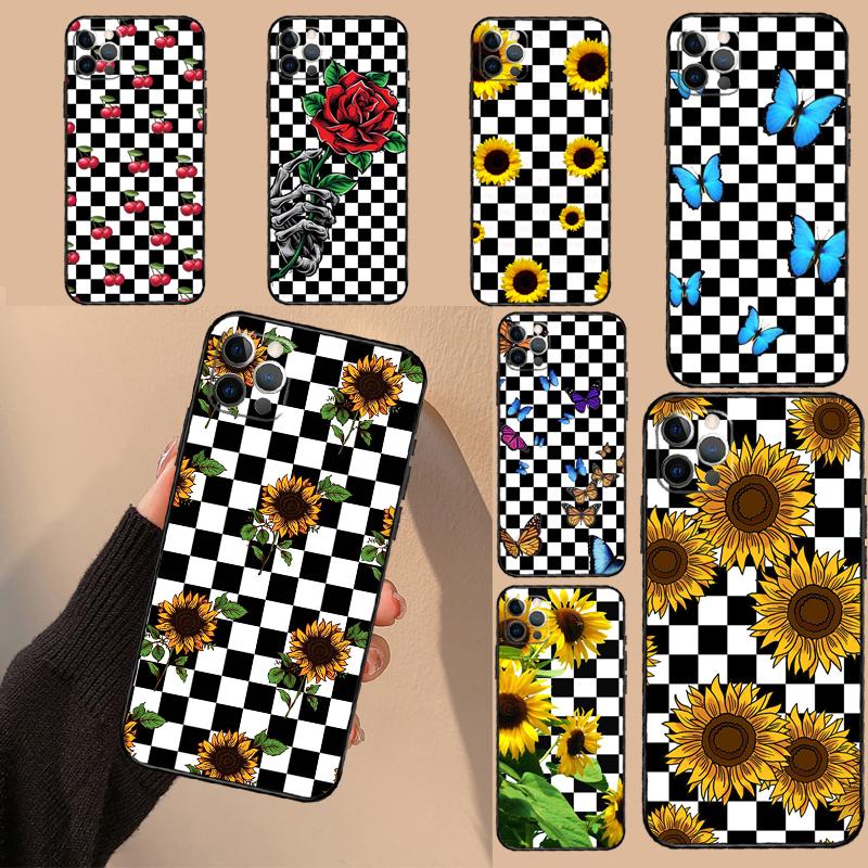 Checkerboard Sunflower Phone Case For iPhone 17 Air 16 14 13 11 15 Pro Max mini 15 16 Plus 16e Protective Cover