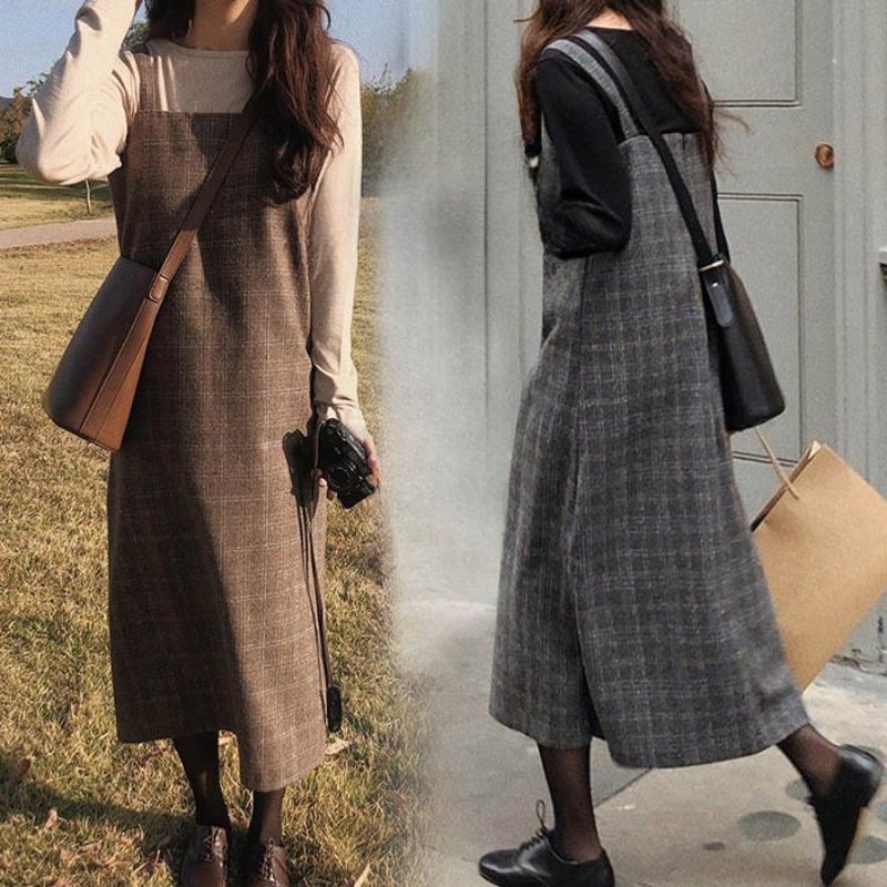 Осенне-зимняя винтажная клетчатая юбка на подтяжках, свободные утягивающие шерстяные повседневные платья на подтяжках