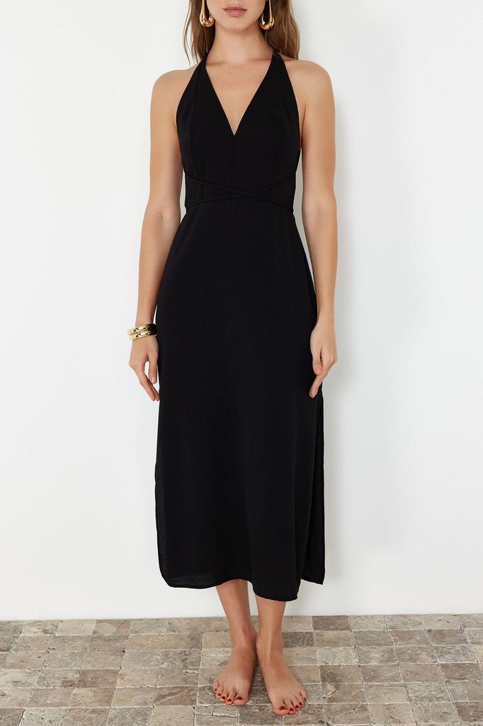 Женское стильное платье Черное тканое пляжное платье миди с открытой спиной