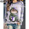 Women's Fashion Casual Cat Print Fall Winter Long Sleeve O-Neck Pullovers & Long Sleeves
